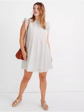 Madewell White Eyelet Ruffle-Sleeve Pintuck Mini Dress. 100% Cotton, Size L